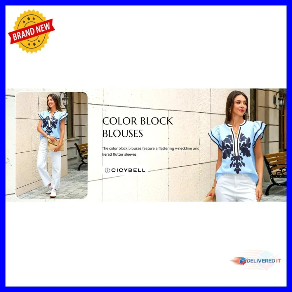 Ruffle Color Block Blouse Floral Print V Neck Pleated Loose Fit Summer Top - Picture 7 of 7